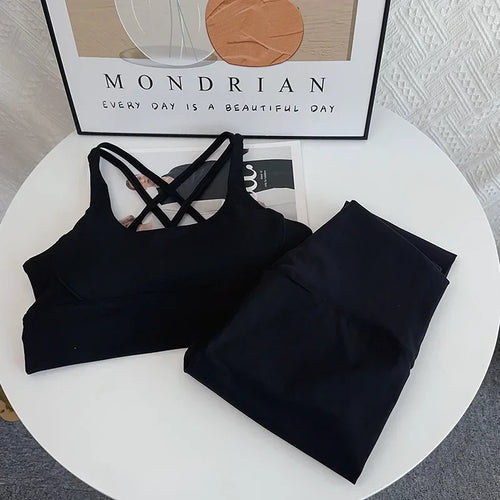 2024 New 2 Piece Yoga Set Breathable Fitness Suit Cross Back Yoga Tops
