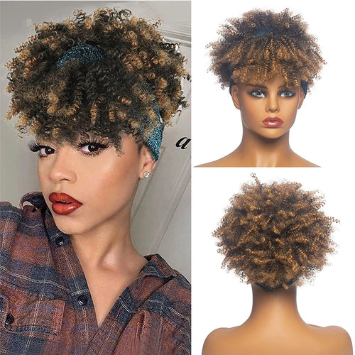 Short Afro Curly Headband Wig Kinky Curly Wig with Turban Ombre