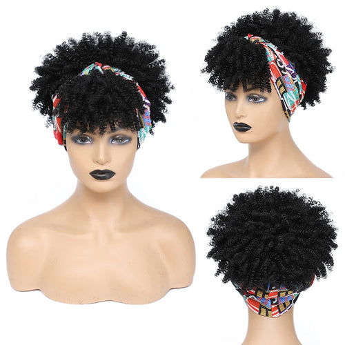 Short Afro Curly Headband Wig Kinky Curly Wig with Turban Ombre