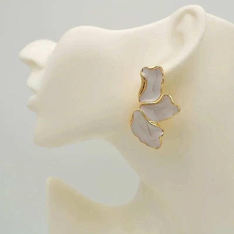 Metal Flower Cream Epoxy Earring Stud Women Fashion Gold Color Plating