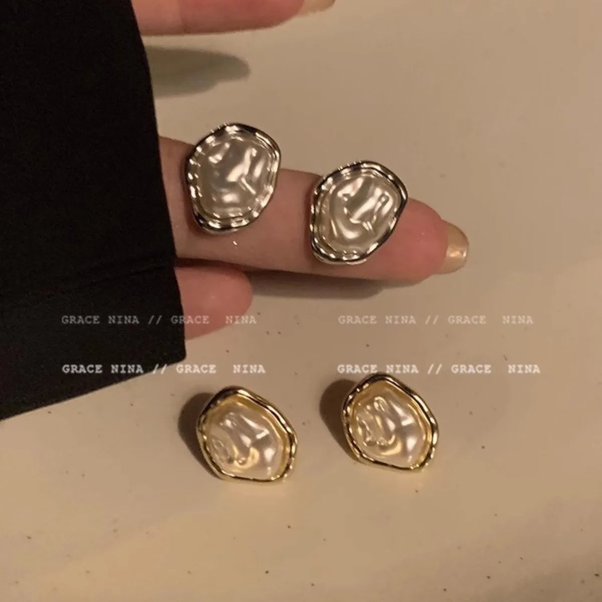 2PC Fashion Metal Irregular Imitation Pearl Stud Earrings Women