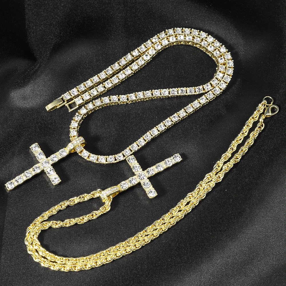 Hip Hop Iced Out Cross Pendant Necklace Strap 4mm Zircon Tennis Chain