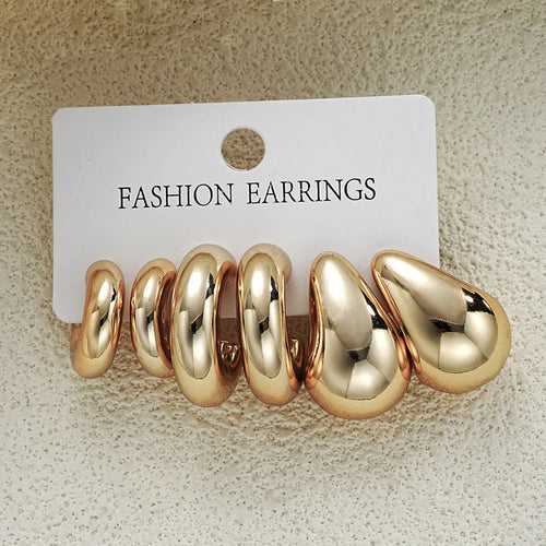 6pcs Chunky Gold Plated Waterdrop Hoop Earring Set For Women European