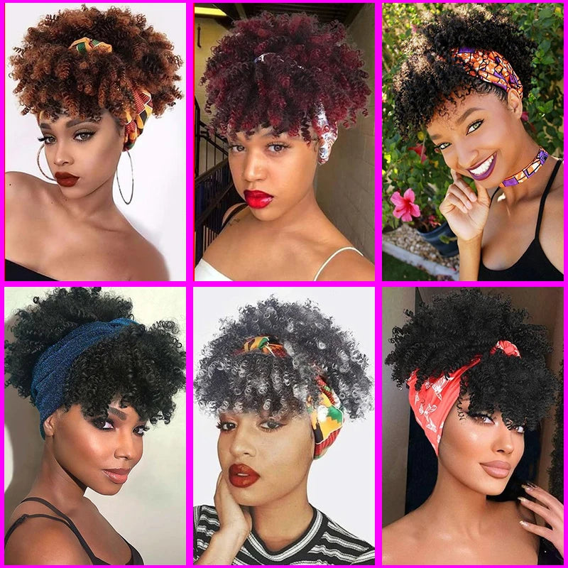 Short Afro Curly Headband Wig Kinky Curly Wig with Turban Ombre