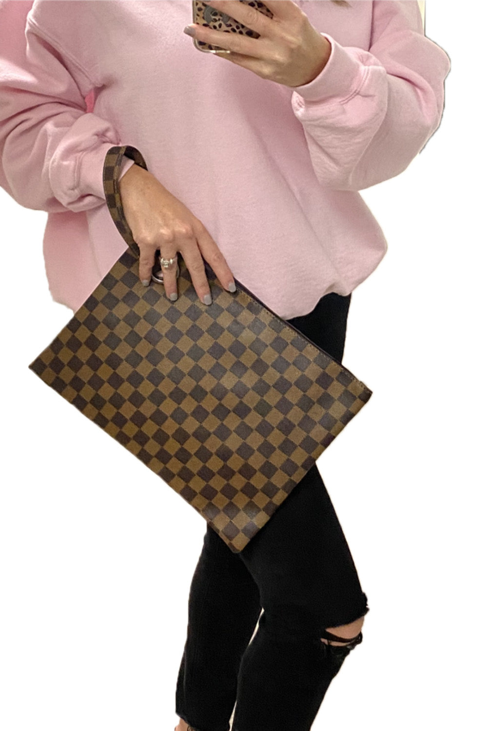 Brown Checkered Print Clutch