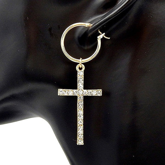 Baby Hoop Dangle Rhinestone Cross Earrings
