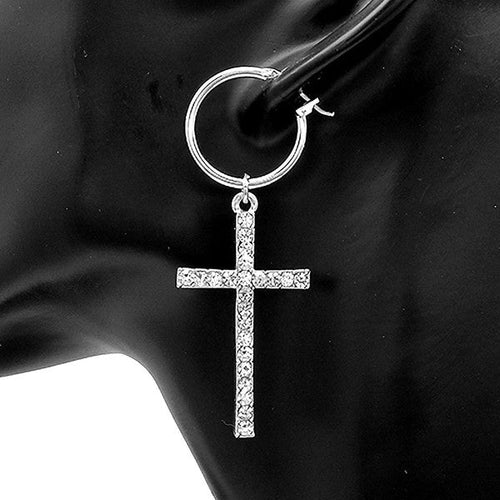 Baby Hoop Dangle Rhinestone Cross Earrings