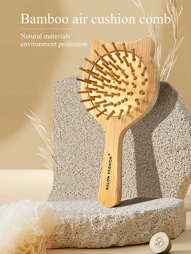 Eco Bamboo Hair Brush Nature Wooden Anti-Static Detangle Brush Hair