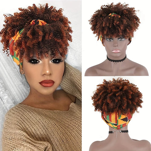 Short Afro Curly Headband Wig Kinky Curly Wig with Turban Ombre