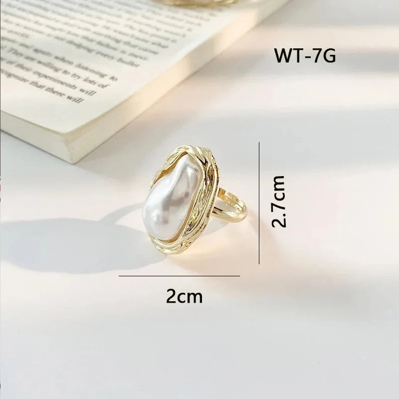 Exquisite Irregular Pearl Ring Korea Gold Color Metal Adjustable Ring