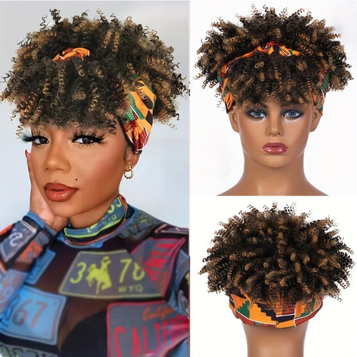 Short Afro Curly Headband Wig Kinky Curly Wig with Turban Ombre