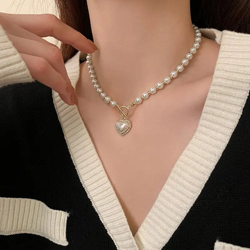 Elegant Pearl Necklace For Women Heart Pendant Necklaces Luxury
