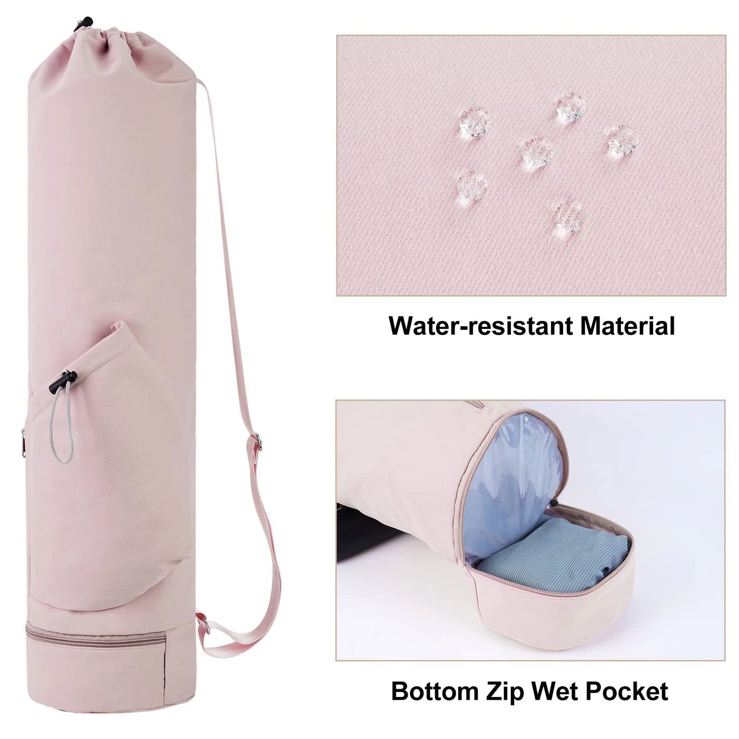 Yoga mat bag with water bottle pocket and bottom wet bag. Sports yoga