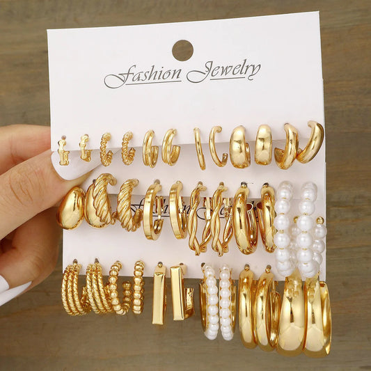 Fashion Geometric Hoop Earrings Set for Women Vintage Bohemian Pearl