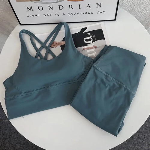 2024 New 2 Piece Yoga Set Breathable Fitness Suit Cross Back Yoga Tops
