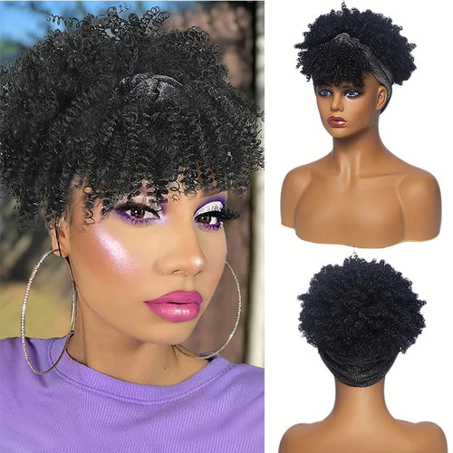 Short Afro Curly Headband Wig Kinky Curly Wig with Turban Ombre