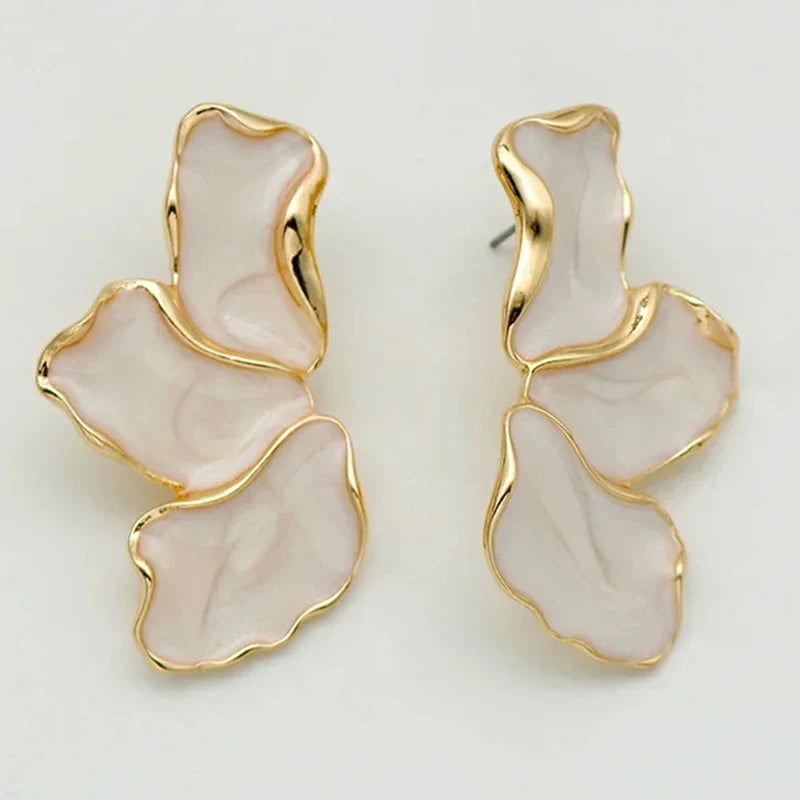 Metal Flower Cream Epoxy Earring Stud Women Fashion Gold Color Plating