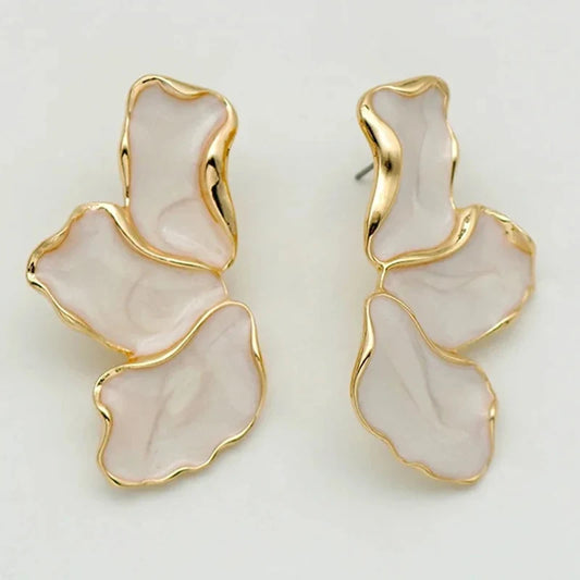 Metal Flower Cream Epoxy Earring Stud Women Fashion Gold Color Plating