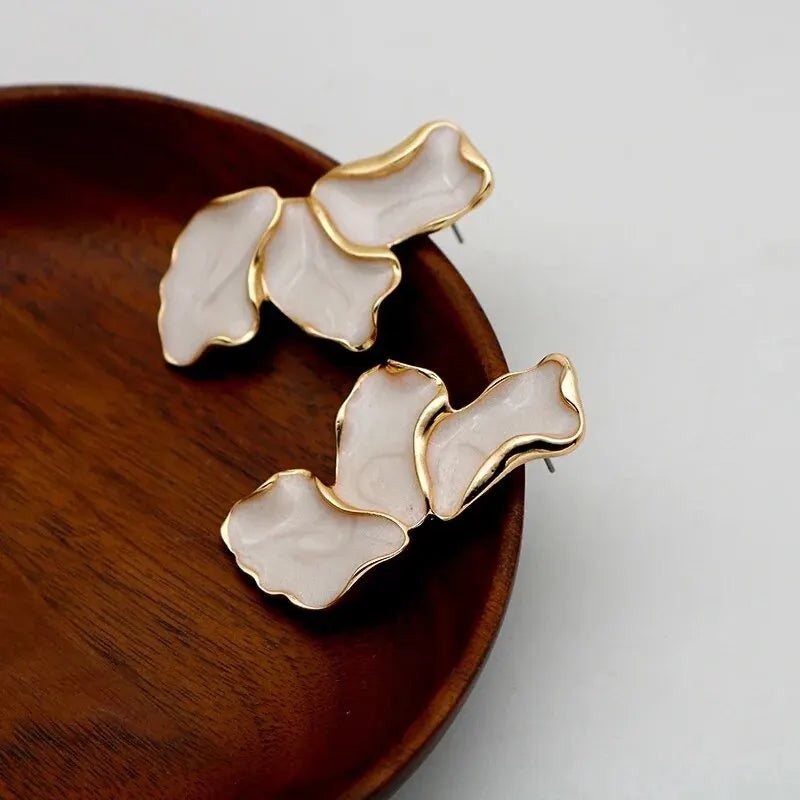 Metal Flower Cream Epoxy Earring Stud Women Fashion Gold Color Plating