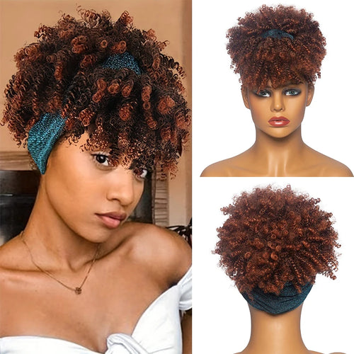 Short Afro Curly Headband Wig Kinky Curly Wig with Turban Ombre