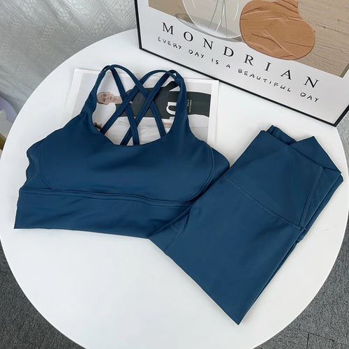 2024 New 2 Piece Yoga Set Breathable Fitness Suit Cross Back Yoga Tops