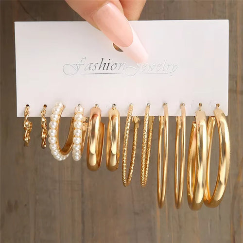 Fashion Geometric Hoop Earrings Set for Women Vintage Bohemian Pearl