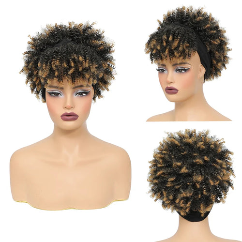 Short Afro Curly Headband Wig Kinky Curly Wig with Turban Ombre