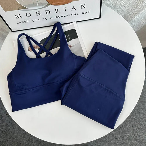 2024 New 2 Piece Yoga Set Breathable Fitness Suit Cross Back Yoga Tops