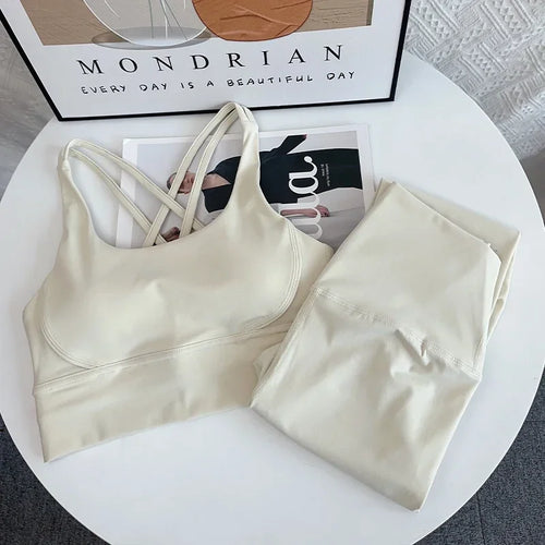 2024 New 2 Piece Yoga Set Breathable Fitness Suit Cross Back Yoga Tops