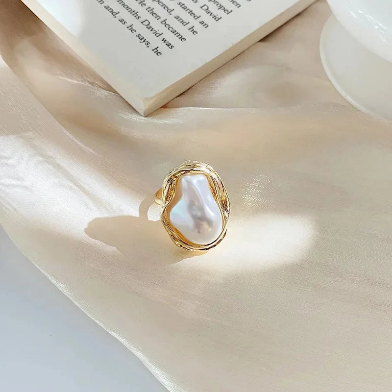 Exquisite Irregular Pearl Ring Korea Gold Color Metal Adjustable Ring