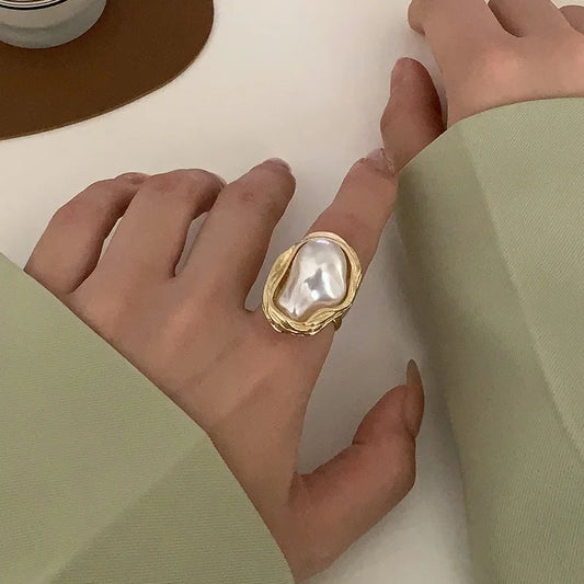 Exquisite Irregular Pearl Ring Korea Gold Color Metal Adjustable Ring