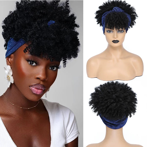 Short Afro Curly Headband Wig Kinky Curly Wig with Turban Ombre