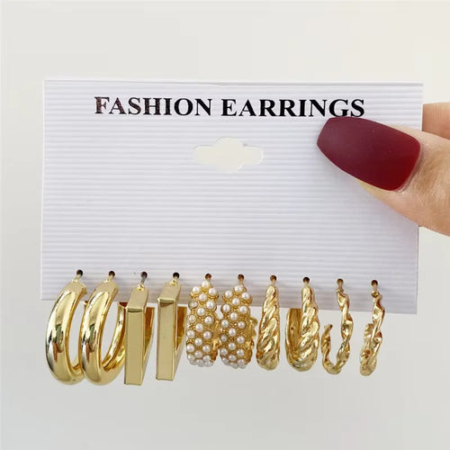 Fashion Geometric Hoop Earrings Set for Women Vintage Bohemian Pearl
