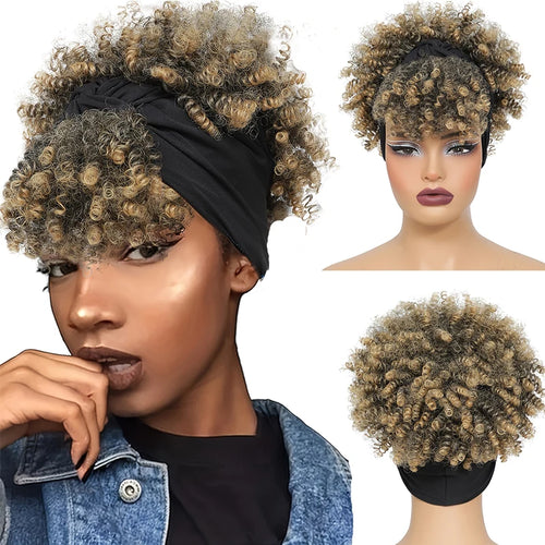 Short Afro Curly Headband Wig Kinky Curly Wig with Turban Ombre