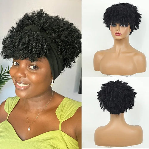 Short Afro Curly Headband Wig Kinky Curly Wig with Turban Ombre