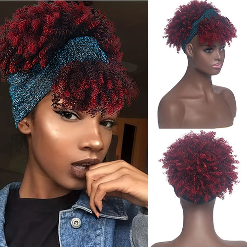 Short Afro Curly Headband Wig Kinky Curly Wig with Turban Ombre