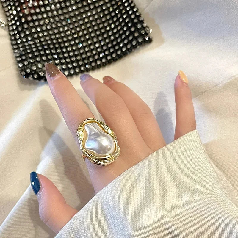 Exquisite Irregular Pearl Ring Korea Gold Color Metal Adjustable Ring