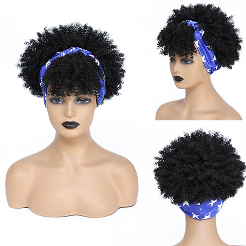 Short Afro Curly Headband Wig Kinky Curly Wig with Turban Ombre