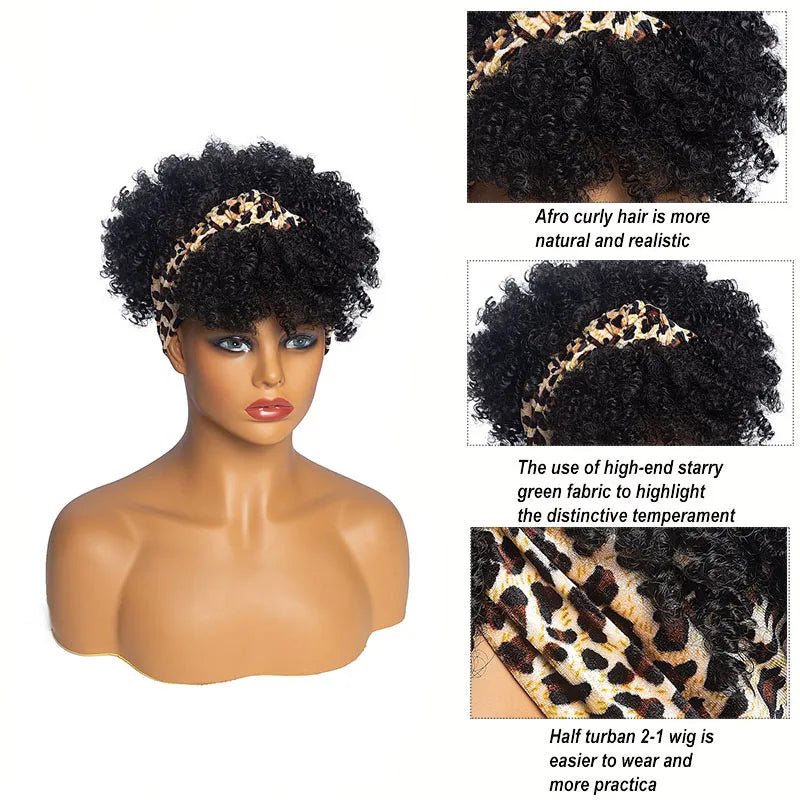 Short Afro Curly Headband Wig Kinky Curly Wig with Turban Ombre