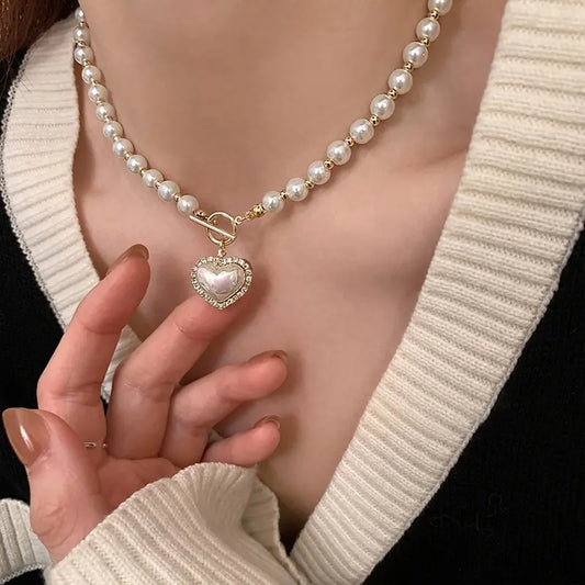 Elegant Pearl Necklace For Women Heart Pendant Necklaces Luxury