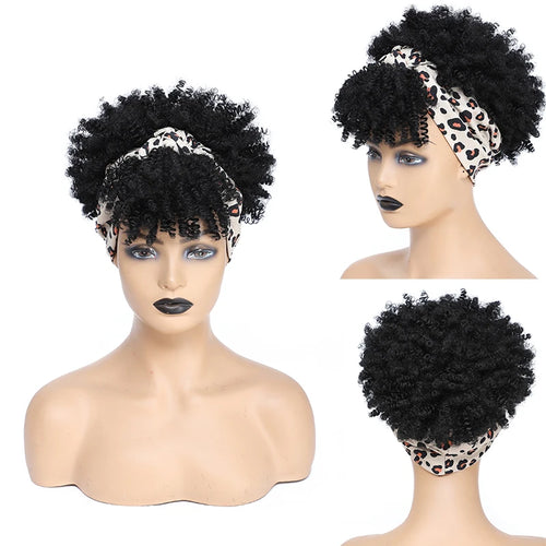 Short Afro Curly Headband Wig Kinky Curly Wig with Turban Ombre