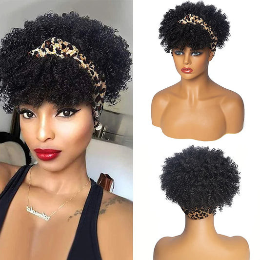 Short Afro Curly Headband Wig Kinky Curly Wig with Turban Ombre