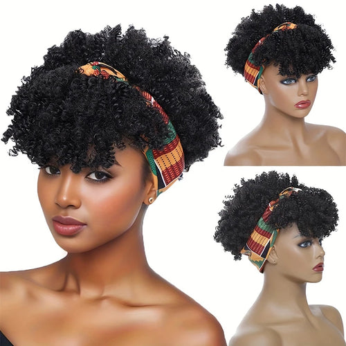 Short Afro Curly Headband Wig Kinky Curly Wig with Turban Ombre