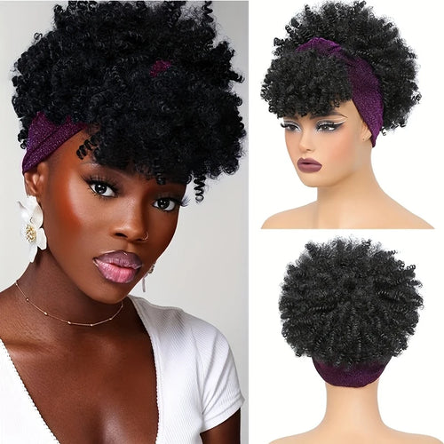 Short Afro Curly Headband Wig Kinky Curly Wig with Turban Ombre