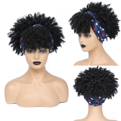 Short Afro Curly Headband Wig Kinky Curly Wig with Turban Ombre