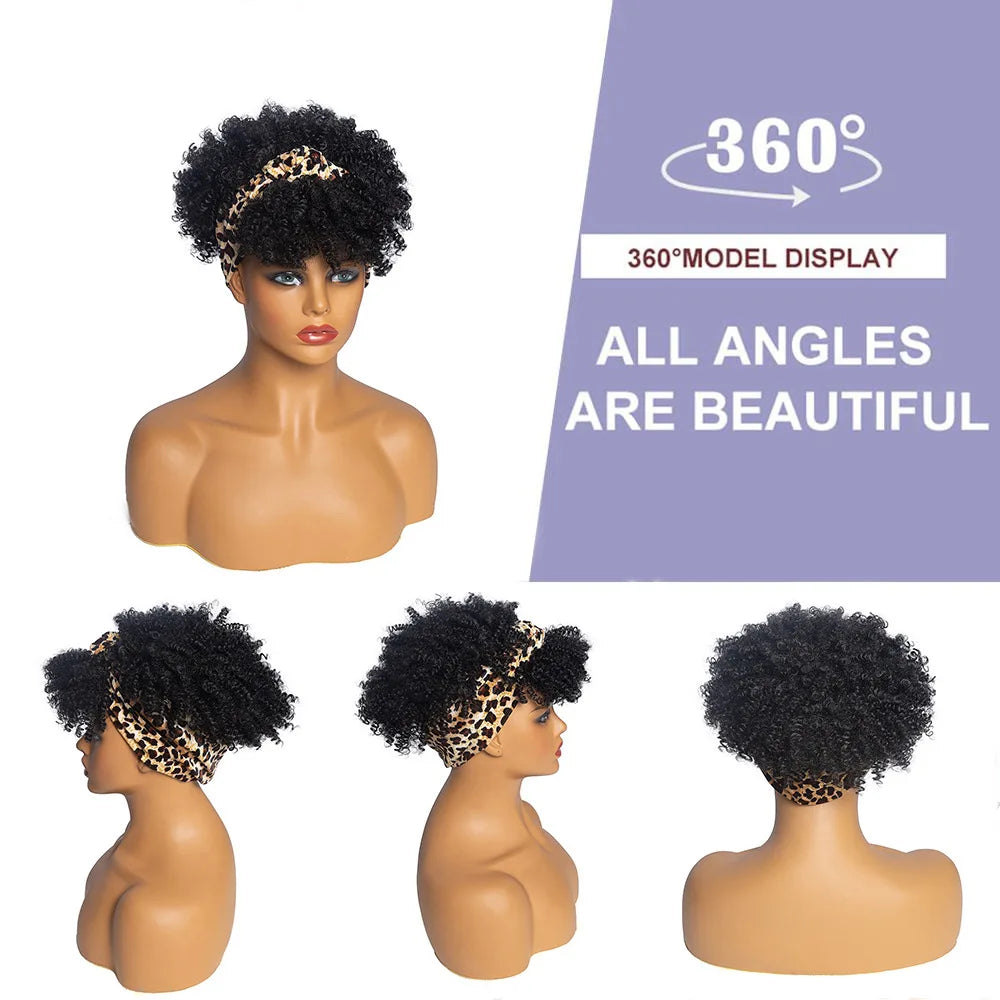 Short Afro Curly Headband Wig Kinky Curly Wig with Turban Ombre