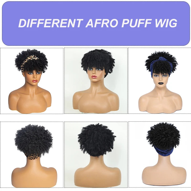 Short Afro Curly Headband Wig Kinky Curly Wig with Turban Ombre